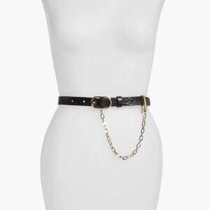 FRAME Le Petit Oval Buckle Belt with Chain (Noir Croco, XS)